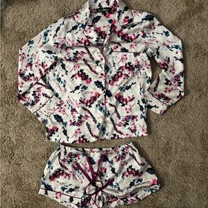 Sam Edelman White Satin Floral Pajama Set with Pink & Navy Accents